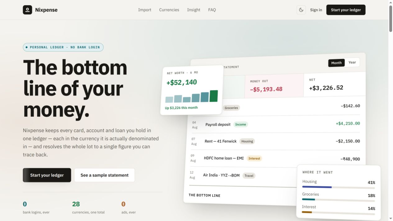Nixpense’s public landing page presenting a sample statement, categories, and a net-worth view