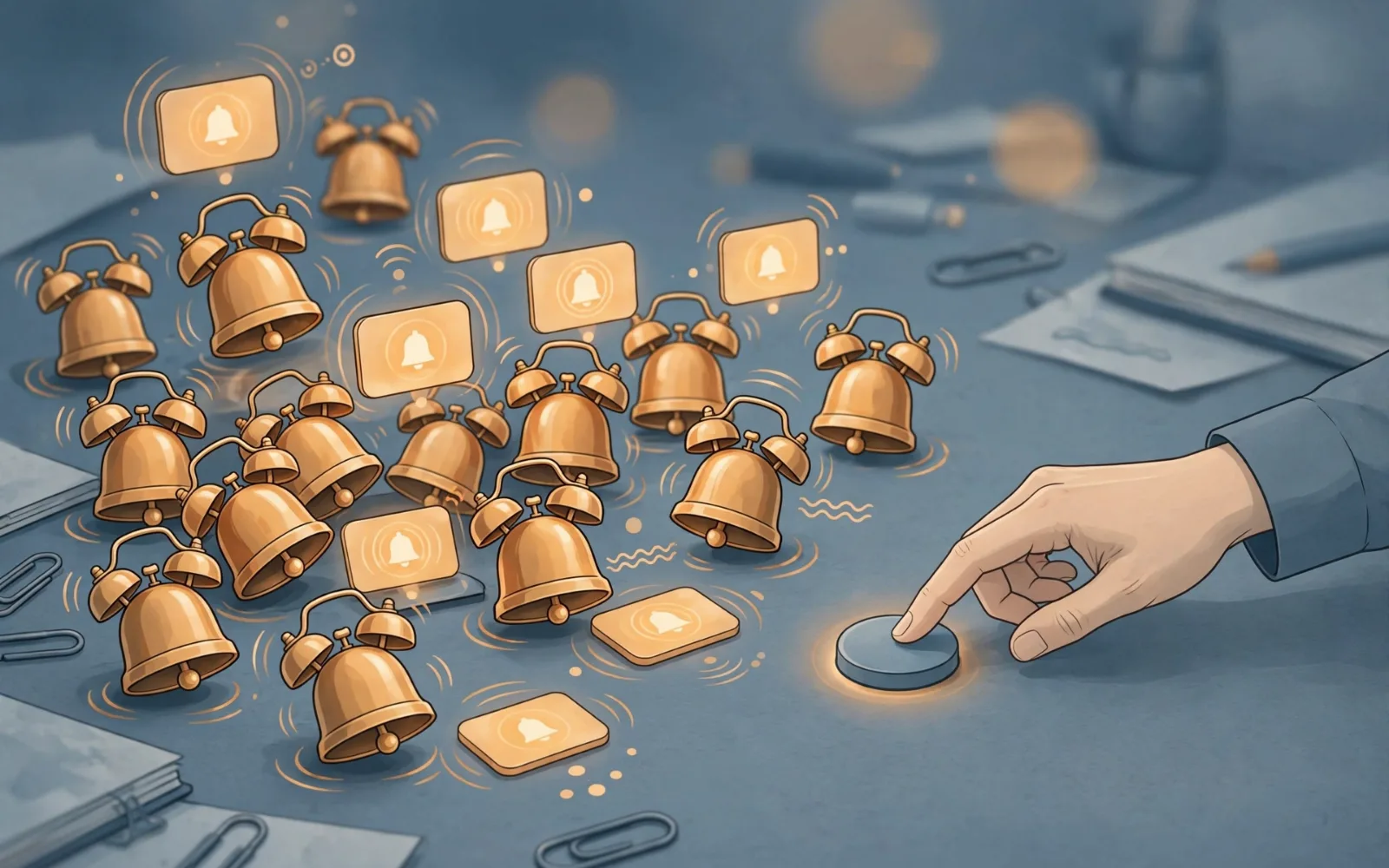 Illustration of golden alarm bells and notification icons scattered across a desk as a hand presses a button, evoking constant urgency
